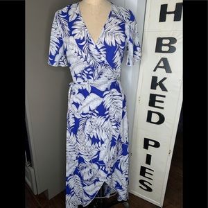 NWT New Mode Blue & White Tropical Wrap Dress sz Sm